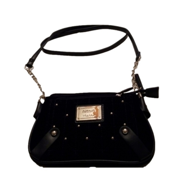 Nicole Miller Suzie bag Quilted studded & chained Navy Velvet Mini crossbody - Picture 15 of 17